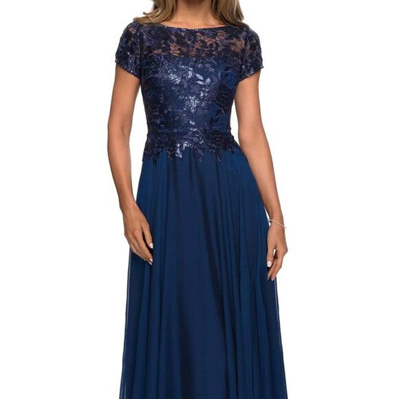 NWT La Femme 27924SC Chiffon Mother of the Bride Dress Navy Size 14 - Picture 1 of 8
